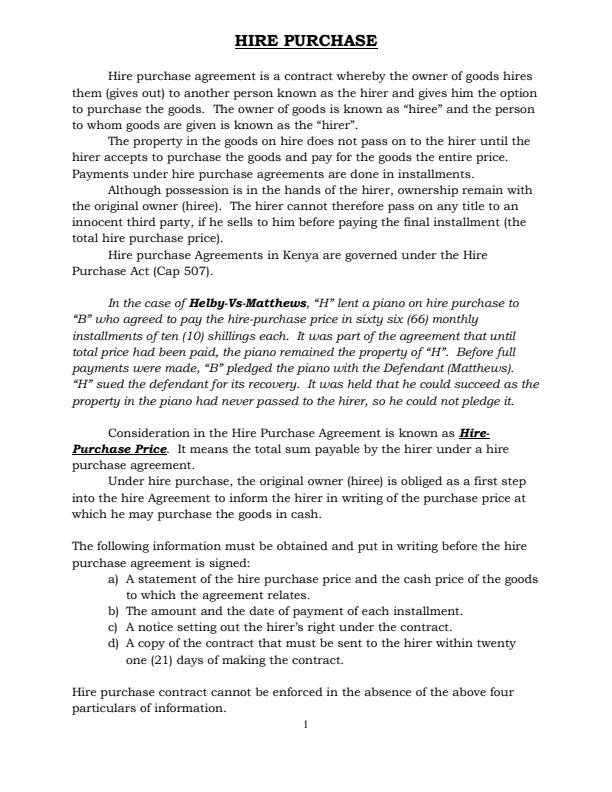 Page 1 – Business Law 2 Notes on Hire Purchase – Kenyaplex