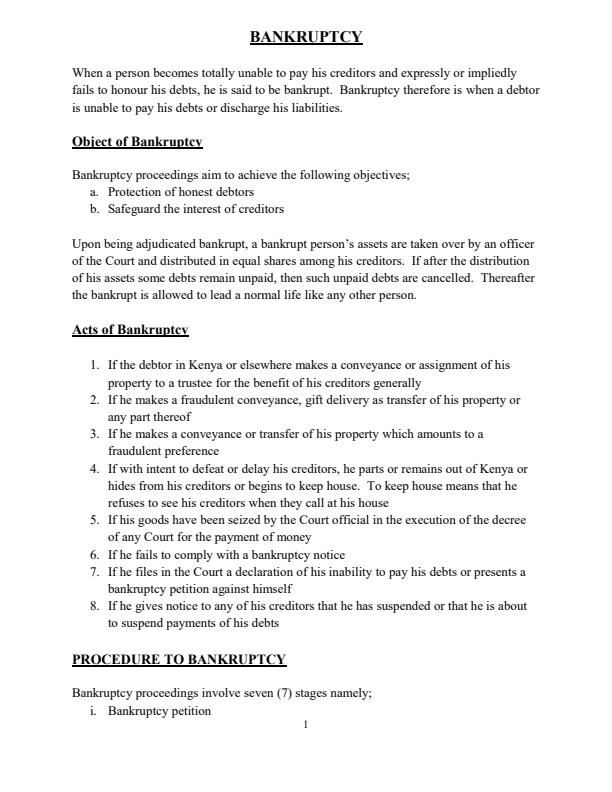 Page 1 – Business Law 2 Notes on Bankruptcy – Kenyaplex
