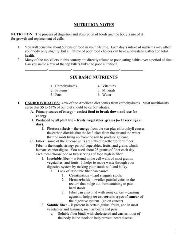 Page 1 – Nutrition Notes: The process of digestion and absorption of foods and the body
