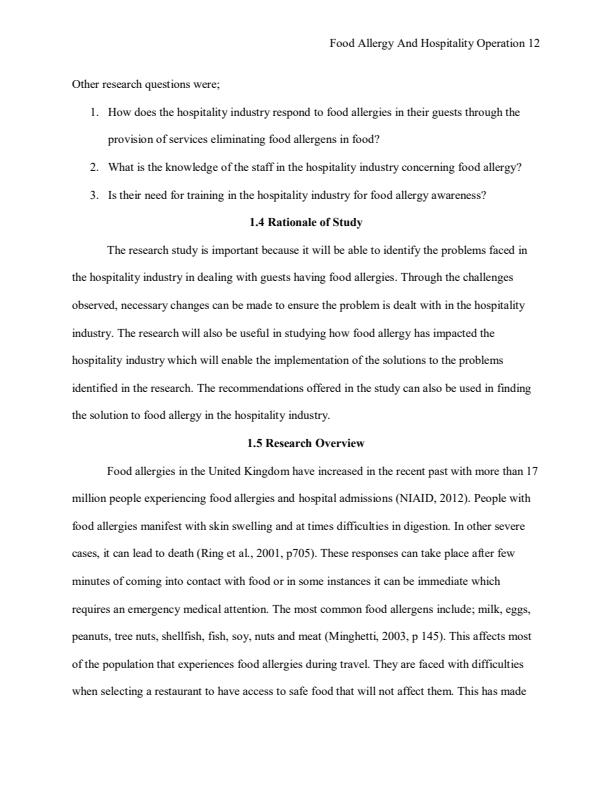 Page 2 – Project: Effects of Food Allergy on Hospitality Industry – Kenyaplex