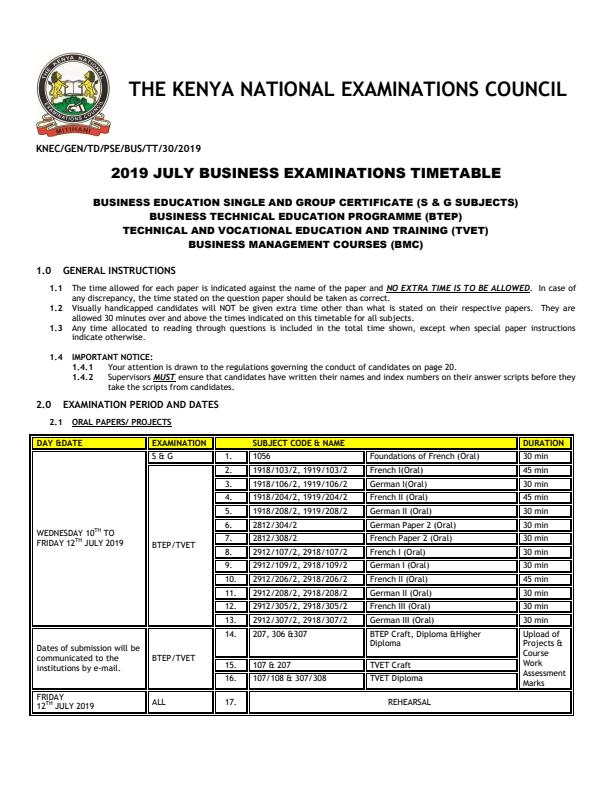 Page 1 – July KNEC BTEP and Technical Examination Timetable – Kenyaplex