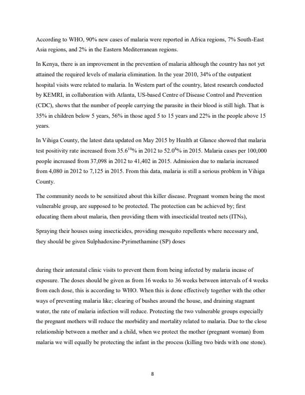 Page 2 – Research proposal on utilization of malaria preventive services among pregnant women in Vihiga Sub-County – Kenyaplex