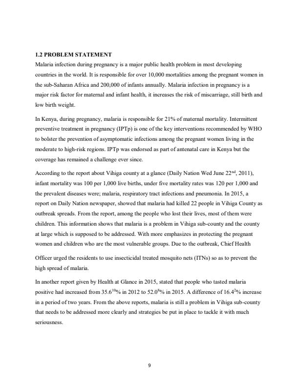 Page 3 – Research proposal on utilization of malaria preventive services among pregnant women in Vihiga Sub-County – Kenyaplex