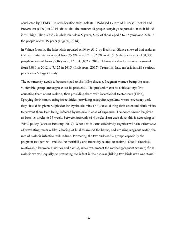 Page 2 – Research thesis on malaria prevention among pregnant women in Vihiga sub county – Kenyaplex