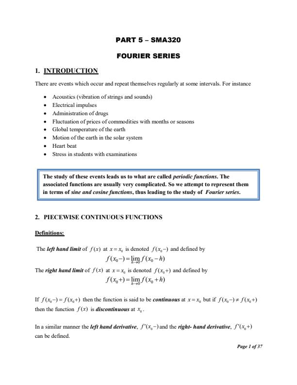 Page 1 – SMA 320: Methods 1 Notes on Fourier Series – Kenyaplex