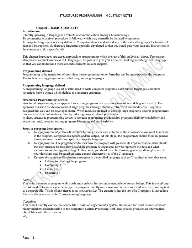 Page 1 – Structured Programming in C Study Notes – Kenyaplex