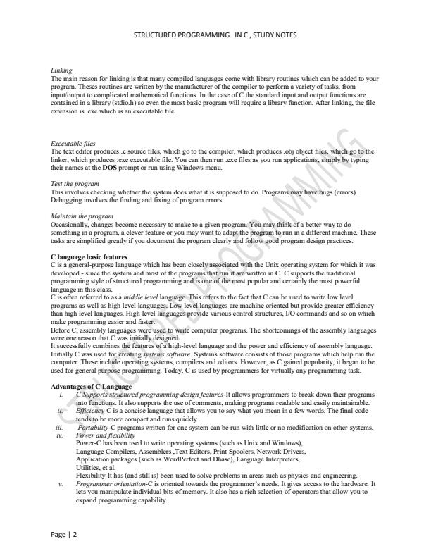 Page 2 – Structured Programming in C Study Notes – Kenyaplex