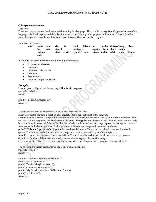 Page 3 – Structured Programming in C Study Notes – Kenyaplex