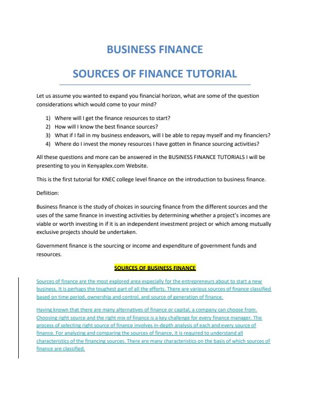 Page 1 – CSUM2/DACC1 Business Finance Notes: Sources of Business Finance – Kenyaplex