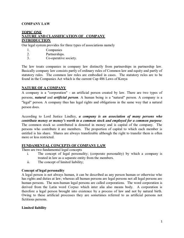 Page 1 – BCB 403: Company Law Notes – Kenyaplex