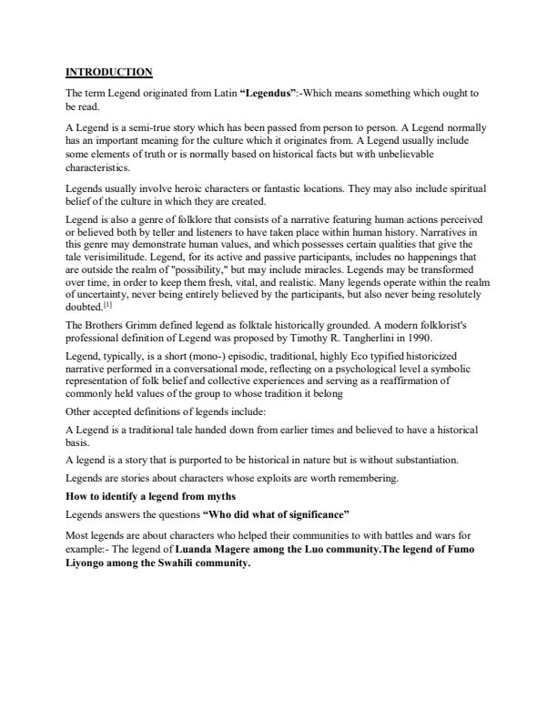 Page 1 – ALT 102: Introduction to East African Literature - A Research on Legends – Kenyaplex