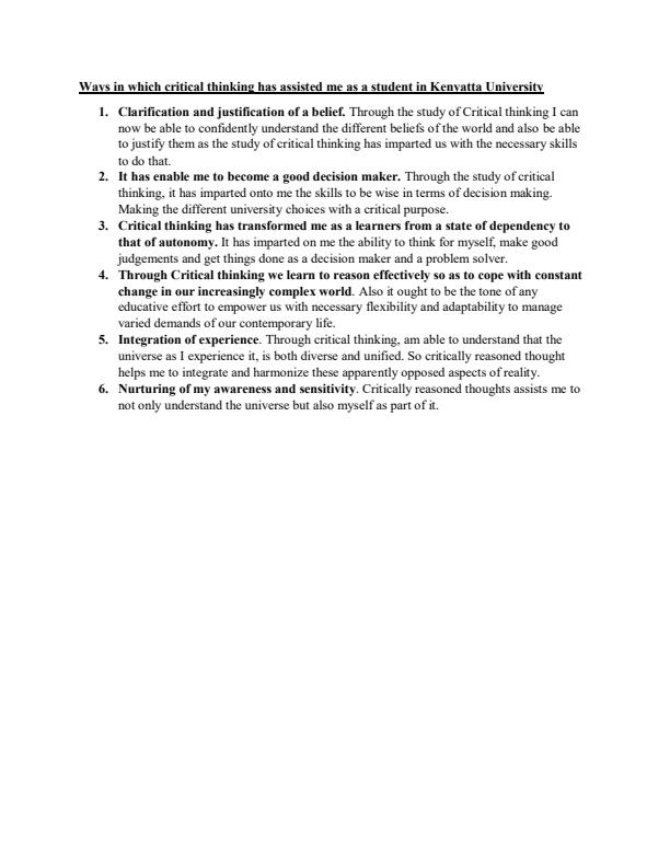 Page 1 – UCU 103: Critical and Creative Thinking - Ways in which critical thinking has assisted me as a student in Kenyatta University – Kenyaplex