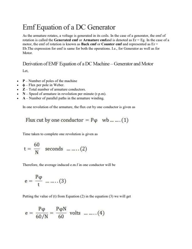 Page 1 – EEE 4026: Electrical Machines - Derivation of EMF Equation of a DC Machine – Kenyaplex