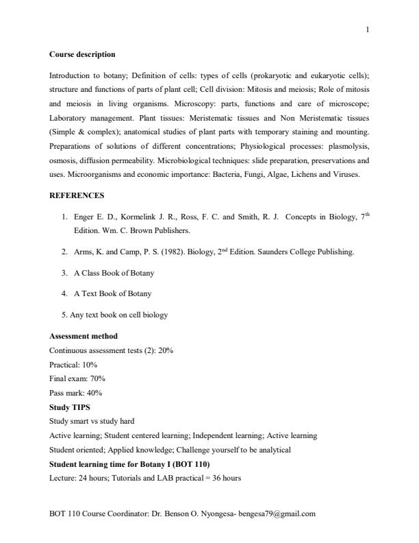 Page 1 – BOT 110: Basic Botany I  Notes – Kenyaplex