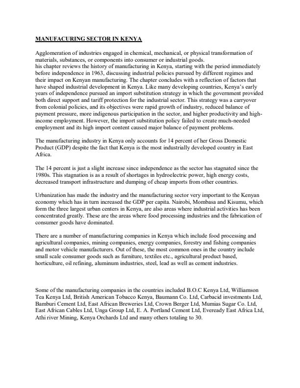 Page 1 – EAE 408: Economics of Industry Notes - Manufacturing Sector in Kenya – Kenyaplex