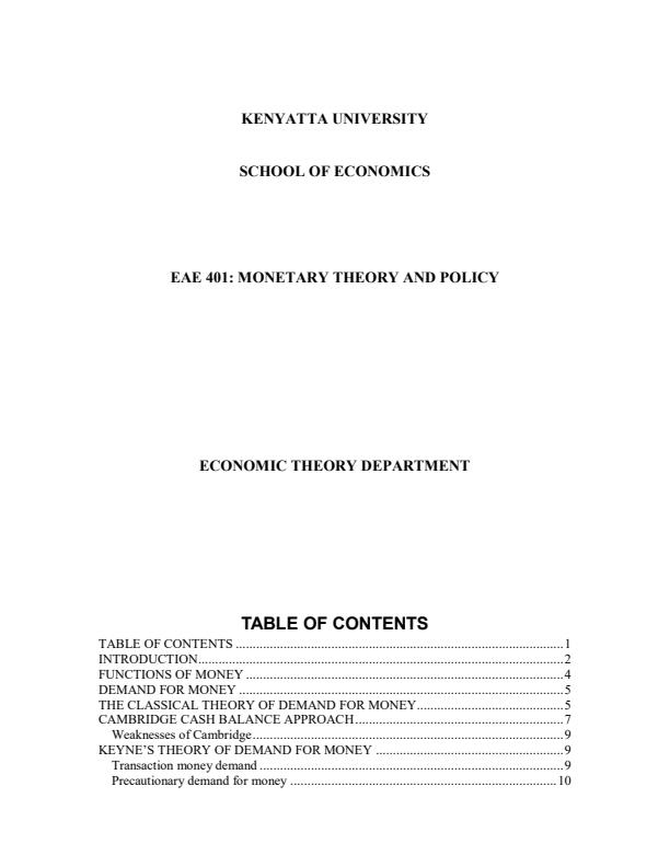 Page 1 – EAE 401: Monetary Theory and Policy Notes – Kenyaplex