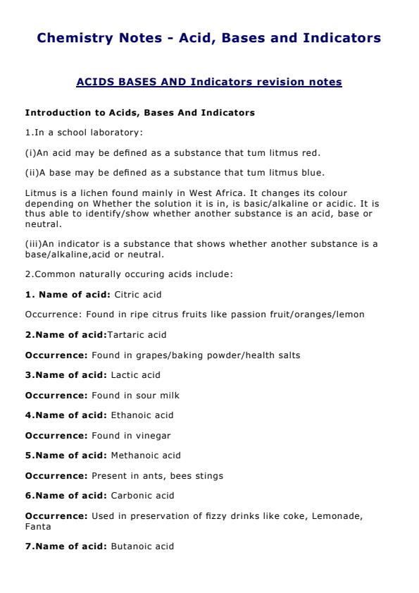 Acids, Bases and Indicators Notes 1781