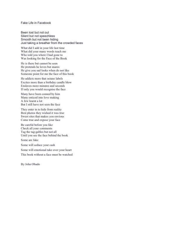 Page 1 – Poem: Fake Life in Facebook – Kenyaplex