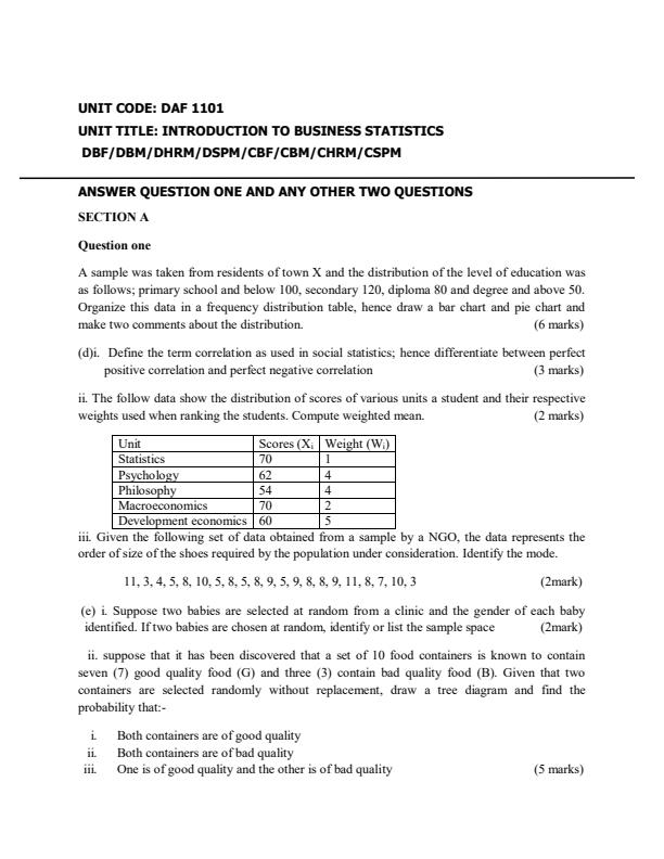 Page 1 – DAF 1101: Introduction to Business Statistics Past Paper – Kenyaplex