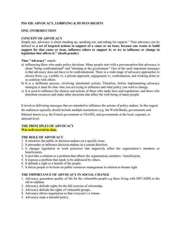 Page 1 – PSS 420: Advocacy, Lobbying and Human Rights Notes – Kenyaplex