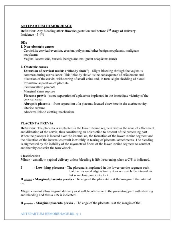 Page 1 – KMTC Antepartum Hemorrhage/Bleeding in Pregnancy Notes – Kenyaplex