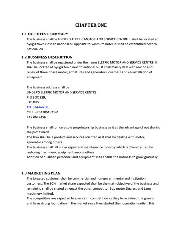 Page 1 – Electric Motor and Service Centre Sample Business Plan – Kenyaplex