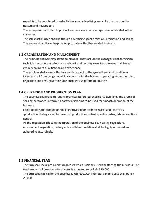 Page 2 – Electric Motor and Service Centre Sample Business Plan – Kenyaplex