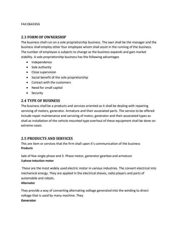 Page 4 – Electric Motor and Service Centre Sample Business Plan – Kenyaplex