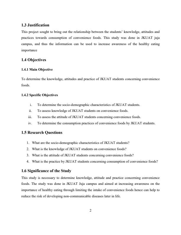 Page 2 – Project: Knowledge, attitudes and practices concerning convenience foods among students at universities in Kenya – Kenyaplex