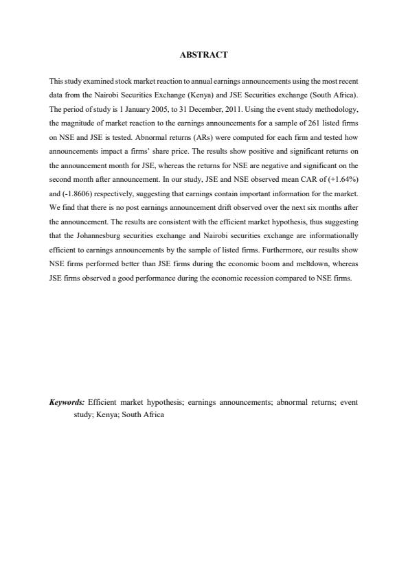 Page 1 – Stock Price Reaction to Earnings Announcements - EAE 412: Project Appraisal – Kenyaplex