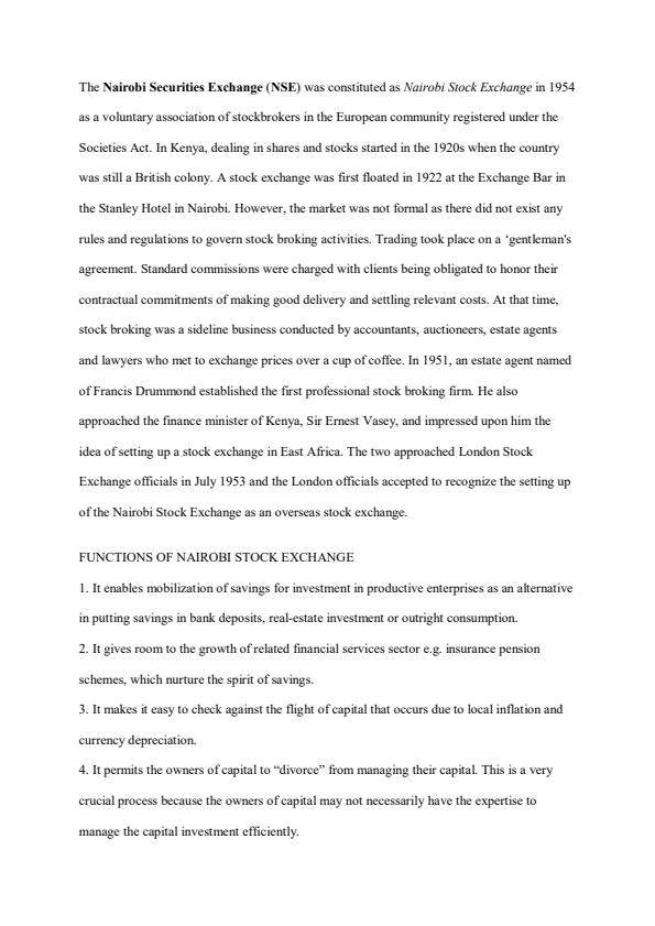 Page 1 – Nairobi Securities Exchange - Functions and Performance: EAE 202 Financial Markets – Kenyaplex