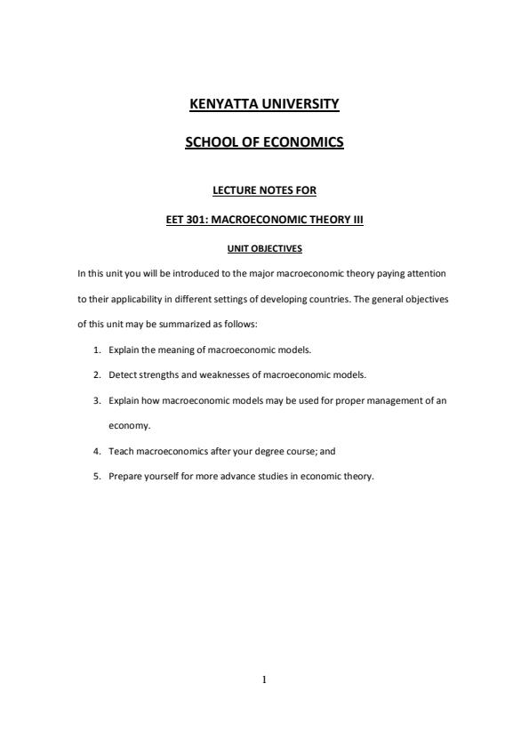 Page 1 – Lecture Notes for EET 301: Macroeconomic Theory III – Kenyaplex