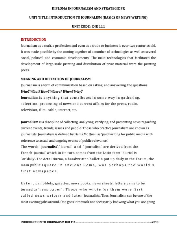 Page 1 – DJR 111: Introduction to Journalism (Basics of News Writing) Notes – Kenyaplex