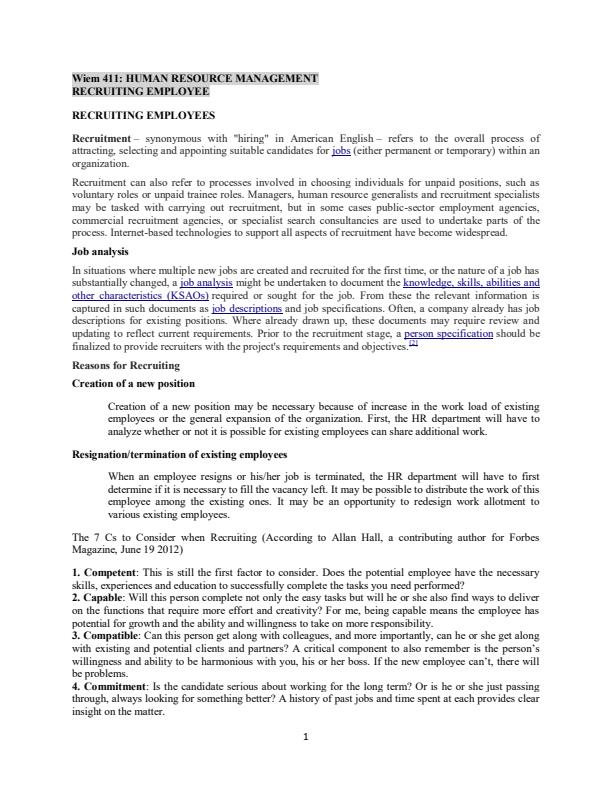 Page 1 – WIEM 411: Human Resource Management - Recruiting Employees Notes – Kenyaplex
