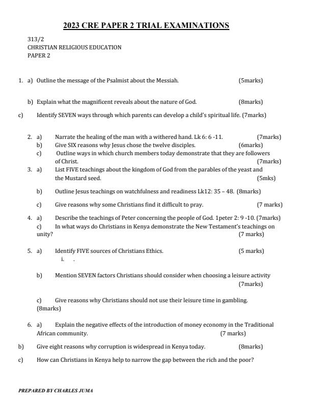 Page 1 – 202 KCSE Trial Examination CRE Paper 2 (With Answers) – Kenyaplex