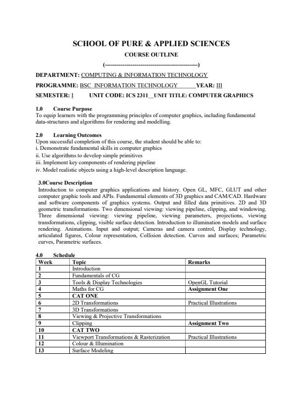 Page 1 – ICS 2311: Computer Graphics Course Outline – Kenyaplex