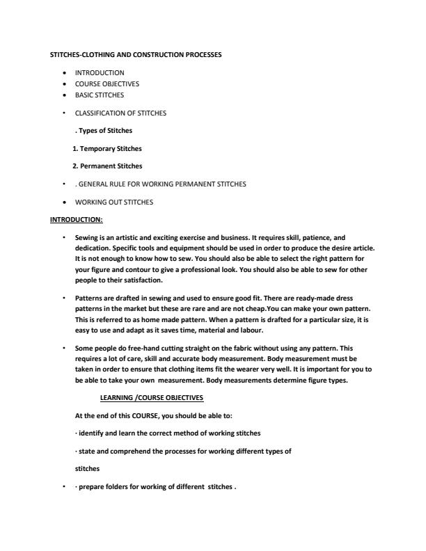 Page 1 – Clothing and Textiles Notes on Stitches – Kenyaplex