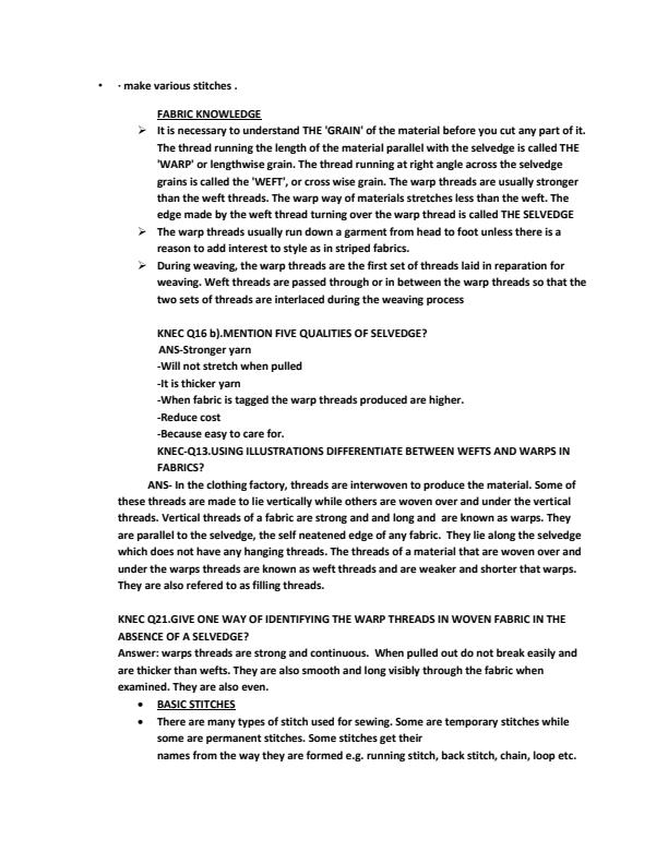 Page 2 – Clothing and Textiles Notes on Stitches – Kenyaplex