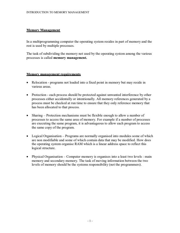 Page 1 – Introduction to Memory Management Notes: Diploma in ICT – Kenyaplex