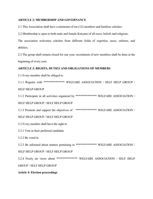 Detailed sample constitution of a self help group / welfare association