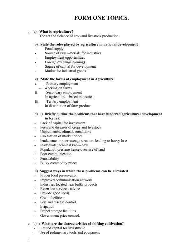 Page 1 – Agriculture Notes Form 1, Form 2, Form 3, Form 4 – Kenyaplex