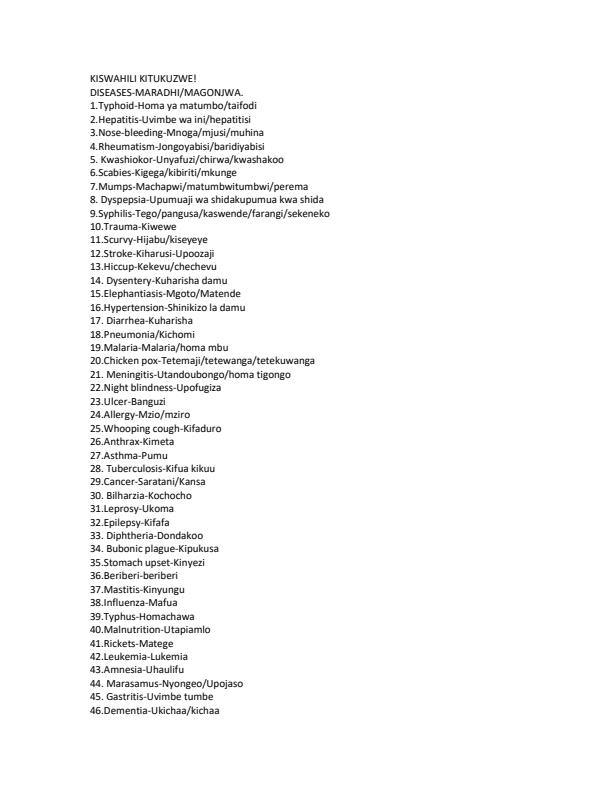 Page 1 – KIswali to English Translation for Diseases – Kenyaplex