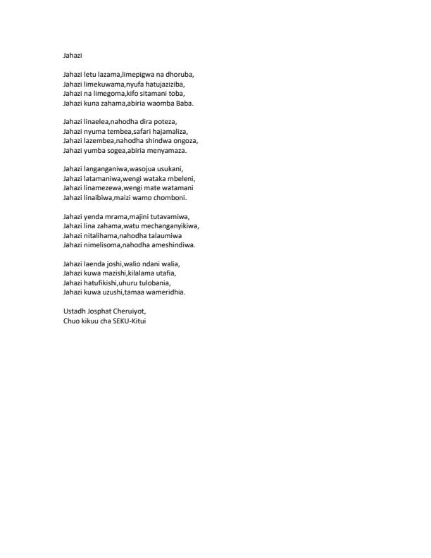Page 1 – Jahazi: Shairi kuhusu matokeo ya uongozo mbaya ya Waafrika ambao wanaendeleza ukoloni mamboleo – Kenyaplex