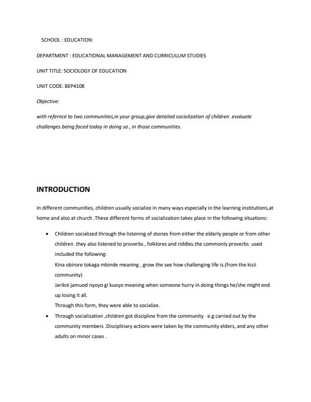 Page 1 – Socialization of Children in the Communities and Challenges Faced Today in Socialization – Kenyaplex