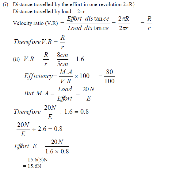 The figure shows a wheel and axle being used to raise a load W by