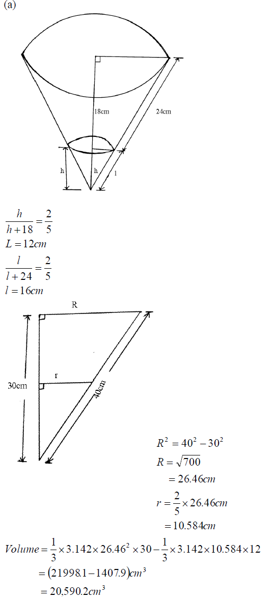 The diagram below shows a flower vase of depth 18cm. The ratio of the