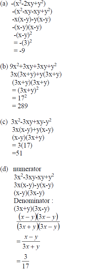 Given That X Y 3 And 3x Y 17 Find Without Solving For X And Y The Value Of A 2xy X Sup 2 Sup Y Sup 2 Sup B 6xy Y Sup 2 Sup 9x Sup 2 Sup C 3x Sup 2 Sup 2xy Y Sup 2 Sup