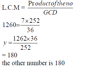 The G.C.D of two numbers is 36 and their L.C.M. is 1260. If one of the ...